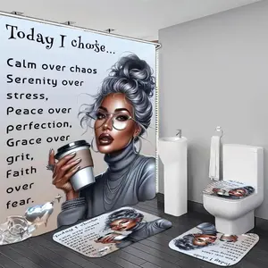 4PC Beautiful And Fashionable Girl 12 Hooks And Shower Curtain U-shaped MatsFloor Mats, And Toilet Seat Covers For Bathrooms Quick Drying Machine Washable Home Bathroom Decor Shower Curtain Sets for Bathroom