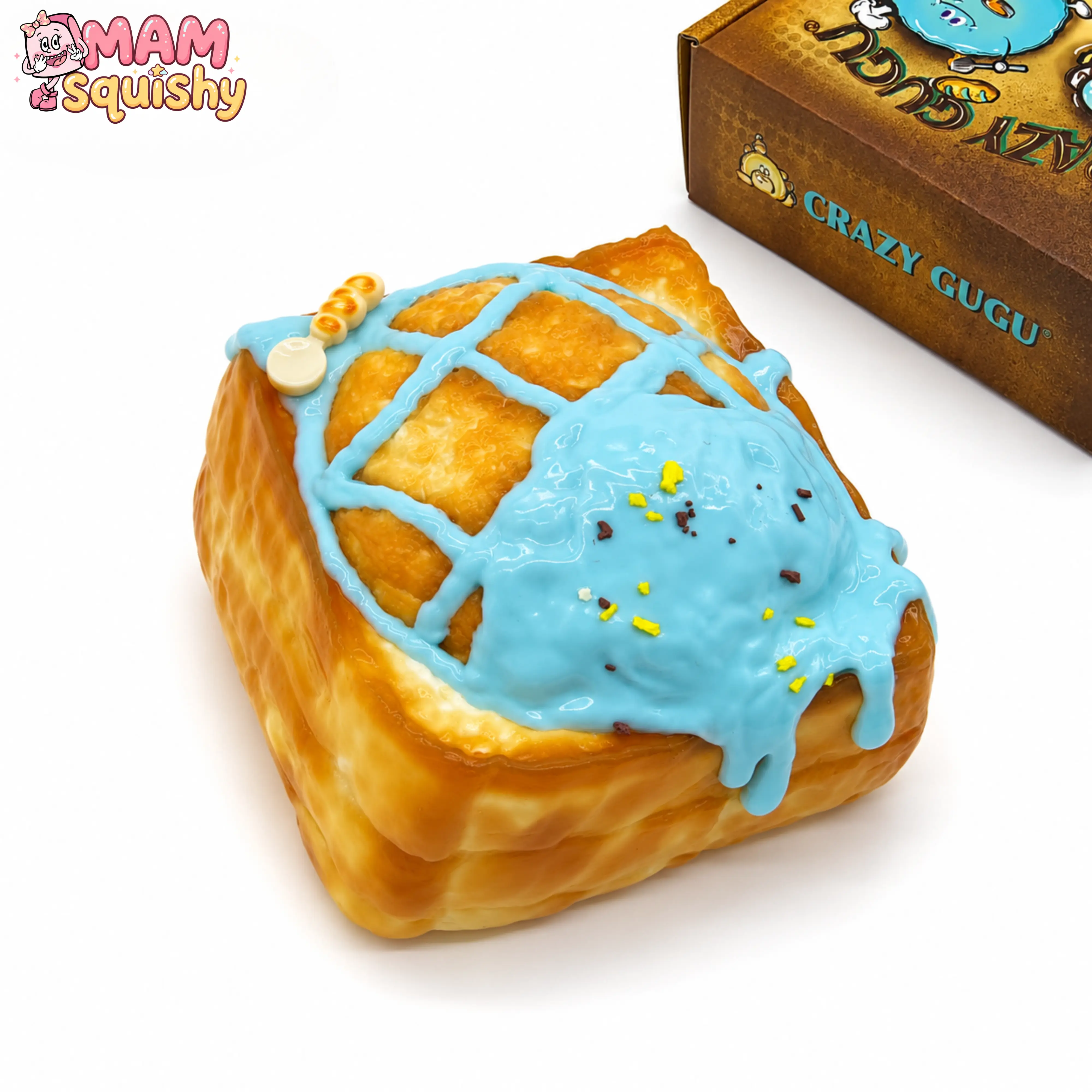 Toasty Pineapple Bun Squishy,Food-Grade Silicone Slow Rising Dessert Squeeze Toy, Cute Food Shaped Fidget Toy with Blue Glaze, Stress Relief Sensory Toy for Kids & Adults, Perfect Gift, Party Favors & Collection