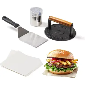 7 Inch Cast Iron Burger Press Set with Stainless Steel Spatula, Seasoning Shaker & Patty Papers - Heavy-Duty Smash Burger Maker for Griddle, BBQ & Camping