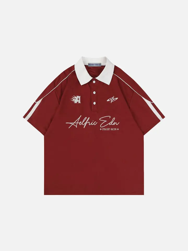 Aelfric Eden Men's Retro Motorsport Oversized Polo Shirt, Contrast Collar, Racing Graphic, Breathable Mesh Fabric, Stripe Patchwork, Unisex Streetwear Tops | Menswear Sports Clothes,summerwins,father'sdaygifts,back to school,back to school shopping
