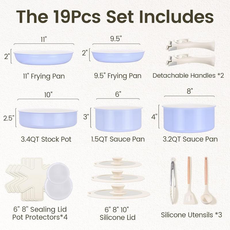 Ceramic Nonstick Pots and Pans Set 19 count with Detachable Handle, Induction Dishwasher Oven Safe Cookware Set, RV Kitchen Set Removable Handle (Light Purple)