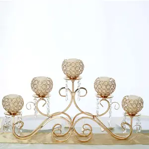 Gold 5-Arm Metal Candelabra - 27" Horizontal Design with Crystal Goblets, Home Decor Wedding Table Centerpiece for Events