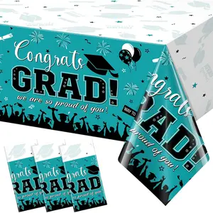 3 Pack Graduation Tablecloth Party Decorations, Class of 2026 Congrats Grad Plastic Tablecover Party Supplies, Teal Rectangle Graduation Table Decorations for College High School, 54 x 108 Inch
