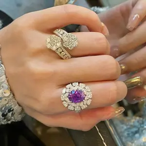 Two For One!!! Adjustable opening ring Light luxury imitation natural amethyst full diamond ring flower meteor zircon ring
