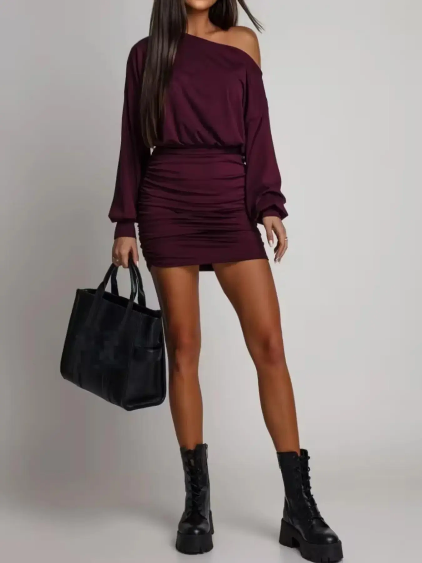 Women's Sleek Long Sleeve Drop Shoulder Slim Fit Dress, Casual Solid Minimalist Silhouette with Modern Cut, Daily Wear Stylish Bodycon Dresses Womenswear, versatile piece, trending now