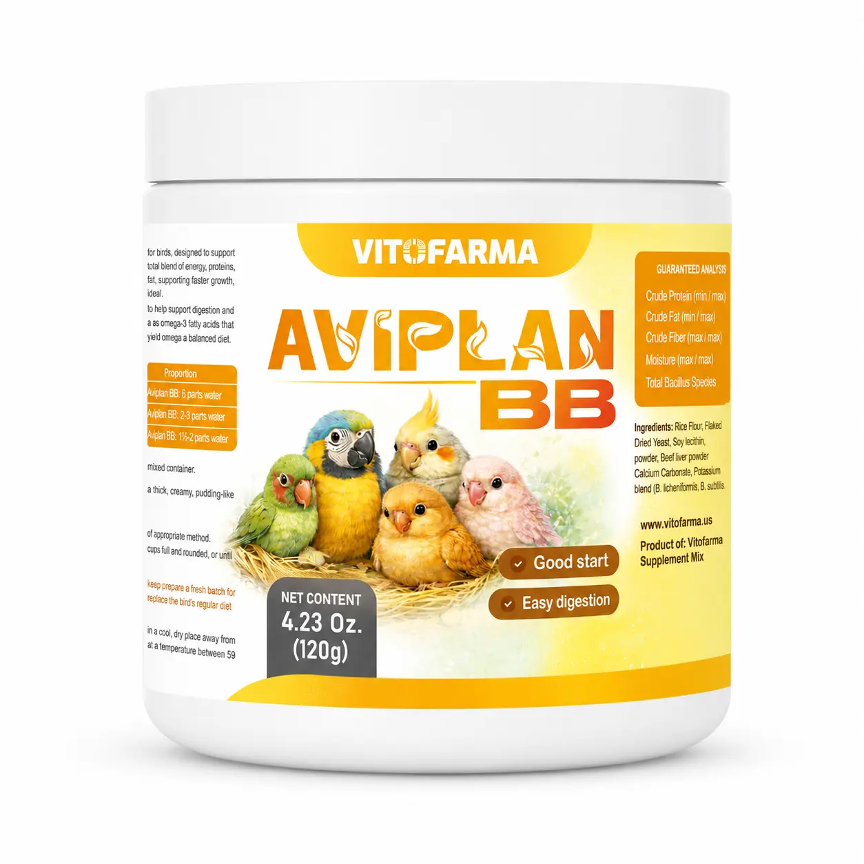 Vitofarma Aviplan BB Bird Healthcare Powder - 120 g Rice Flour-Based Nutrition Mix, Supplement Mix for Early-Stage Baby Bird Growth Support & Balanced Diet