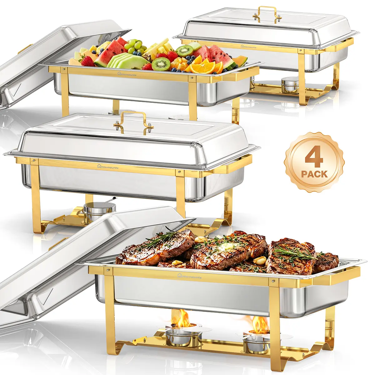 dealsforyoudays WARMOUNTS 11QT Rectangular Chafing Dishes for Buffet (4-Pack) – Full-Size Stainless Steel Food Warmer with Foldable Frame, Rolled Rim, Lid Holder, Half Gold or Half Black Finish, for Parties, Weddings & Catering