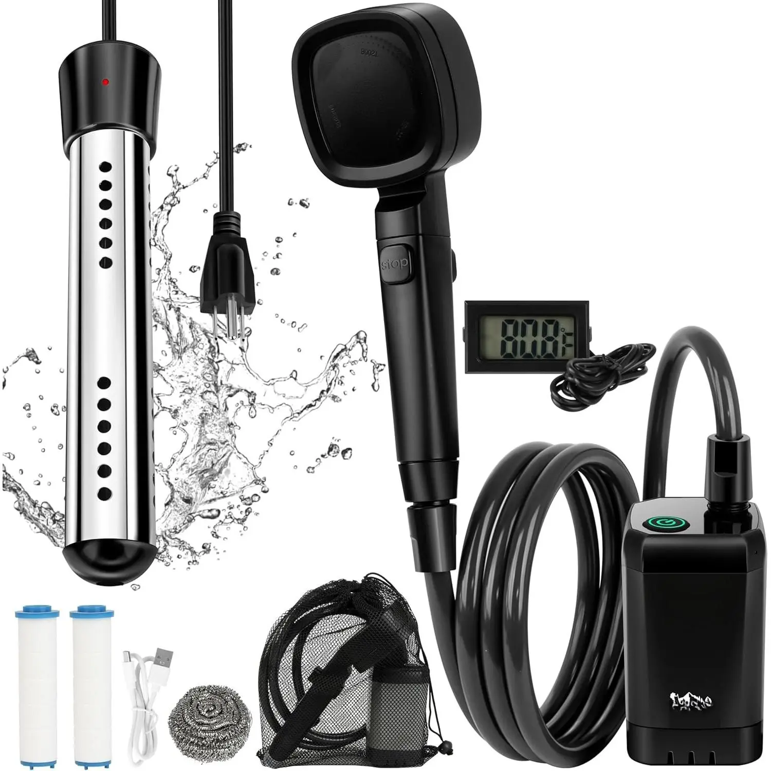 6000mAh Portable Shower for Camping with 2000W Immersion Water Heater - Rechargeable Camp Shower Pump, 4-Mode Filtered , LED Display, Outdoor Camping Shower Kit for Travel, Pets &  Washing