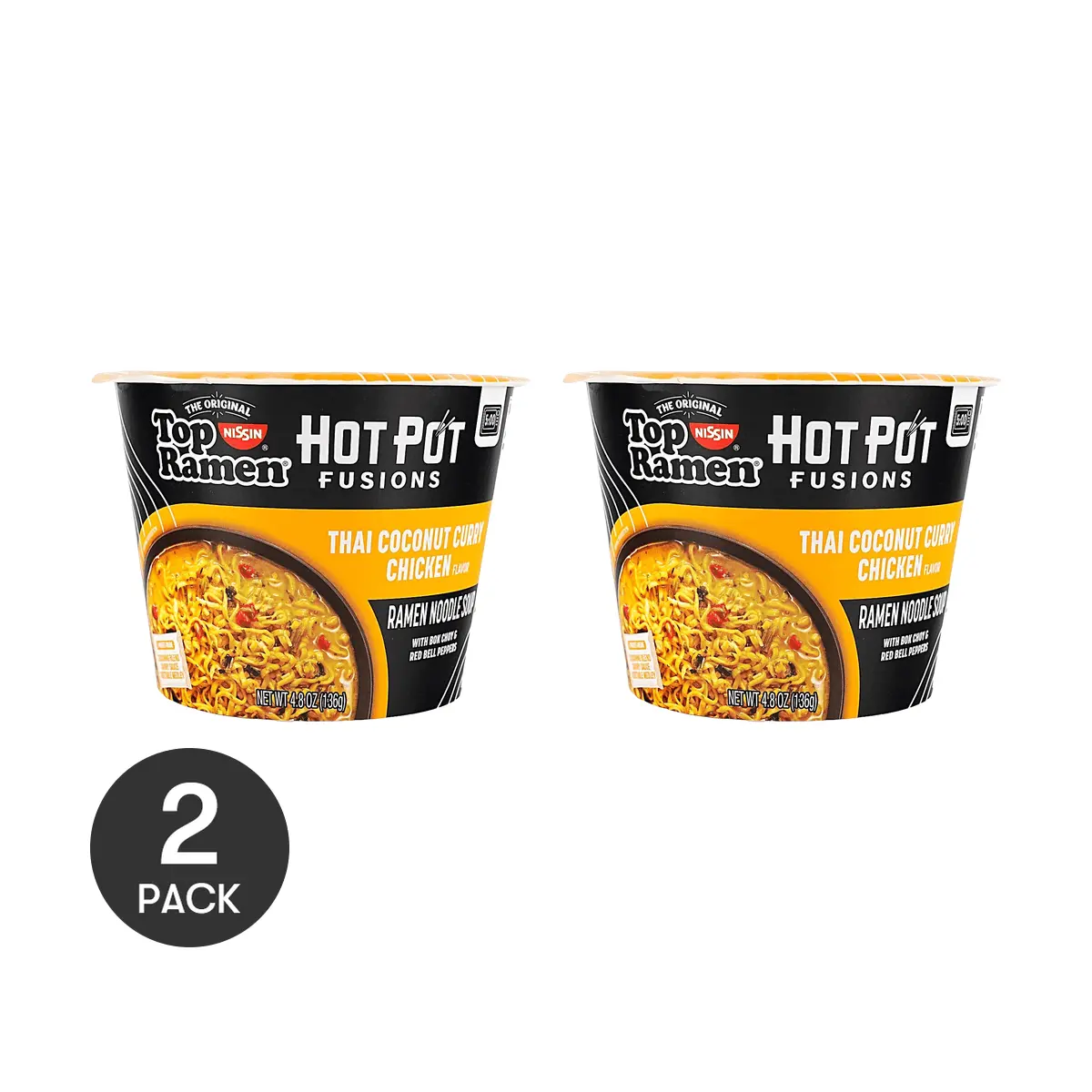 2 Pack Nissin Top Ramen Hot Pot Fusions Thai Coconut Curry Chicken Flavor - Large Bowl Microwaveable Instant Noodles (136g Each)