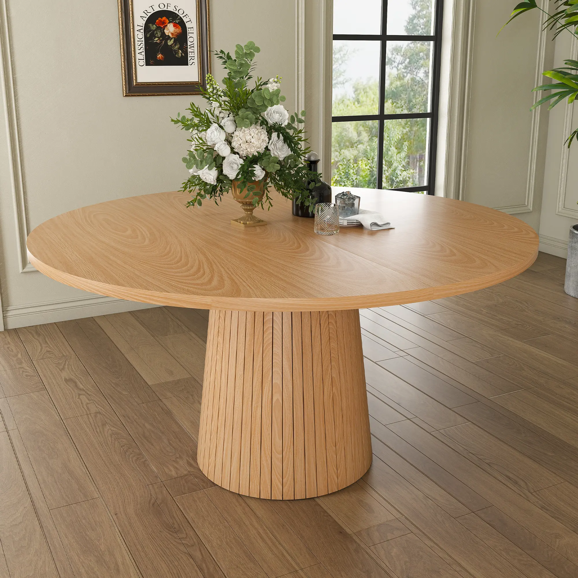 47 Inch Oak Finish Round MDF Space Saving Dining Table for 6, Modern Farmhouse Style Household Furniture with Stable Wood Strip Base, Compact Household Furnishing for 4 Person, Ideal for Kitchen Dining Area & Living Room Home Decor