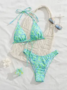 Two-piece green random print strappy halter neck front middle tied sexy backless women's summer swimsuits beach bikini swimsuit set