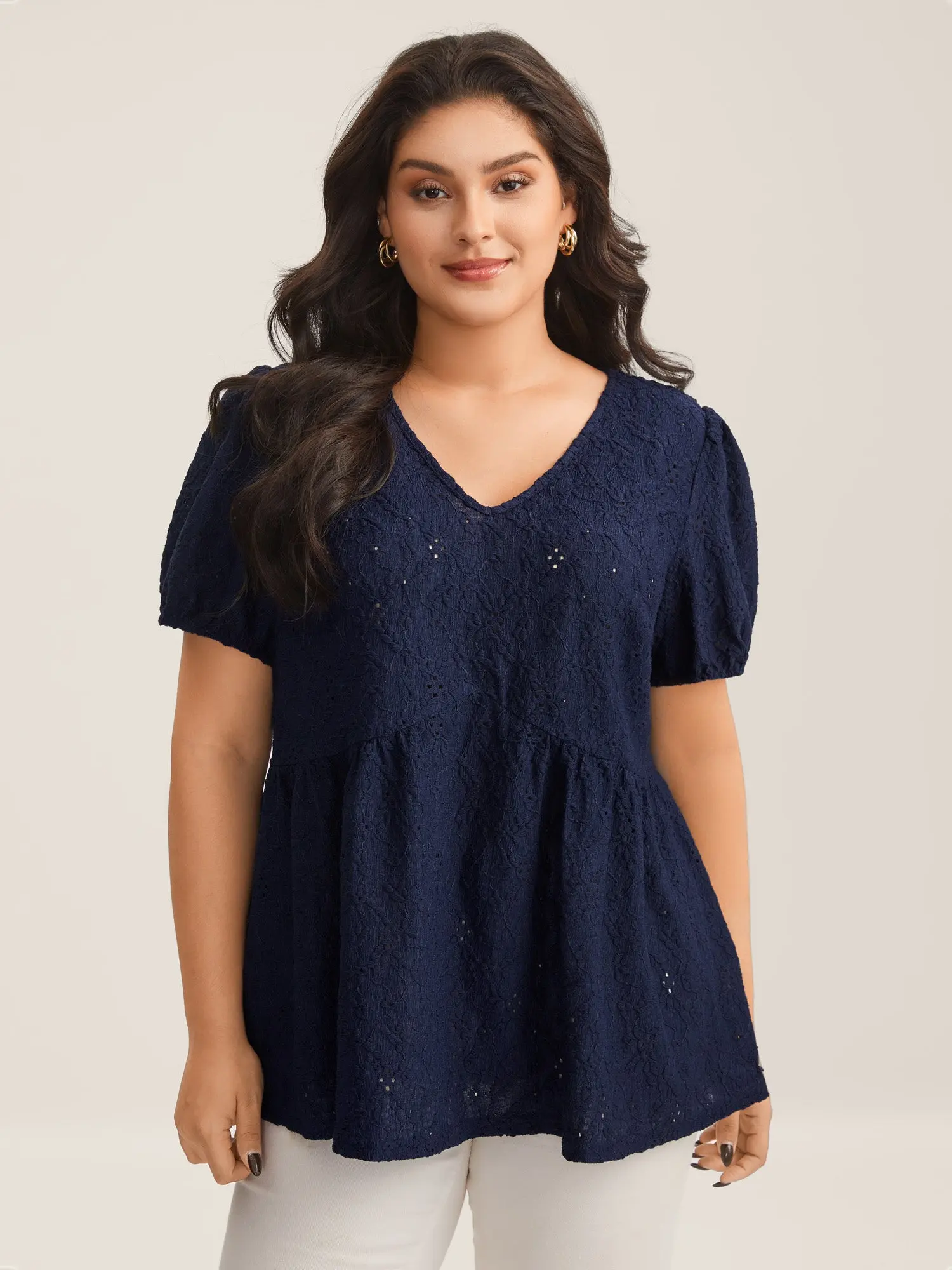 BloomChic Women's Plus Size Summer Bodycon Blouse - Indigo Textured Short Puff Sleeve V-Neck with Back Tie Boho Cutout Edge, Casual Tops, Boho Fashion Shirt, Plus Size Fashion, Polyester Blend, Affordable Fitted Top for Curvy Women,Back To School,Fall Pic