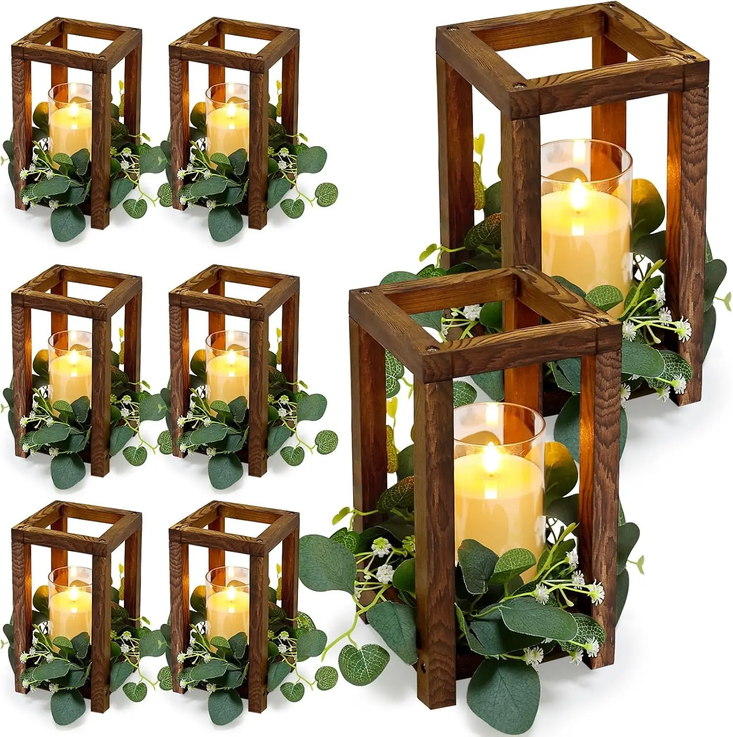 18 Pcs Wooden Lantern Centerpiece for Table Decor | Wedding Lantern, Eucalyptus Candles Wreaths, LED Flameless Candles, Rustic, Farmhouse, Party Centerpiece