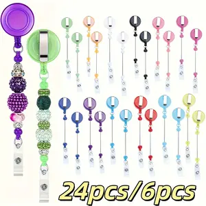 24pcs/6pcs Vintage Beaded Badge Rollers, Multi-Color Metal Clasps, Office DIY Accessories, Safety Lanyard, Durable Plastic Beads