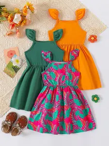 Young Girls Sleeveless Square Neck Leaf Print Casual Dress Set, Three-Piece, Loose-Fitting Ditsy Floral Pattern, A-Type Silhouette