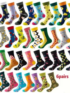 6 Double Random Men'S And Women'S Fashion Fruit And Vegetable Pattern Mid-Calf Casual Daily Socks for Spring, Summer, Autumn, And Winter, Featuring Fun Designs Like Watermelon, Orange, Cherry, Pineapple, And Apple - Colorful Knitted, Machine Washable