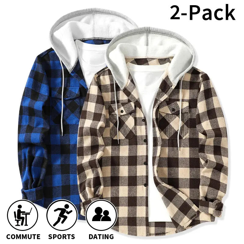 Men’s versatile hooded plaid flannel two-piece set featuring a loose-fit button cardigan that suits all body types; one jacket suitable for lounging, commuting, short workouts, and in-person dates. shirt men