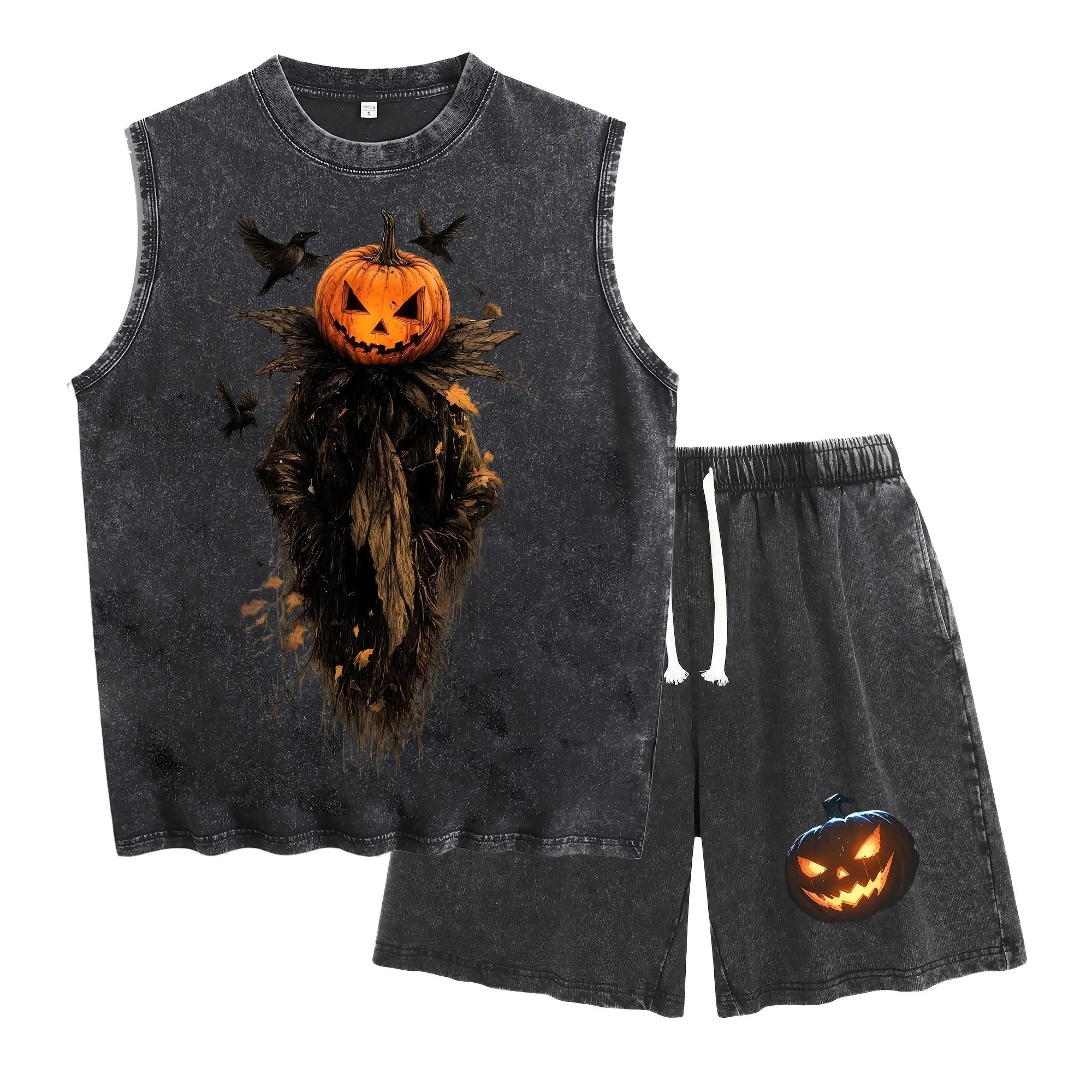 Retro Washed Black Sleeveless Tank Shorts Matching Outfit Men Crow & Dried Leaf Pumpkin Scarecrow Graphic Gothic Halloween Loose Casual 2 Piece Tracksuit Soft Vintage Wash Daily Street Clothes