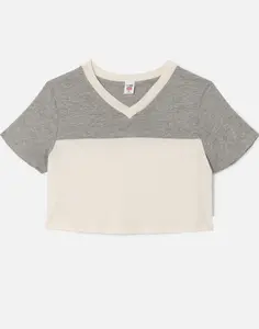 Hanes V Neck Contrast Jersey - HTG Vintage White