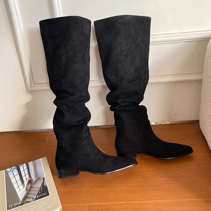 Women's -Like French Low Block Heel Slip-On Boots - Wide-Calf Thick Leg Large Tube Ankle/Calf/Crew Boots with Toe, PVC & Rubber Sole - Winter-Ready Trench Footwear (Black/Dark Brown) - One-Size-Fits-All