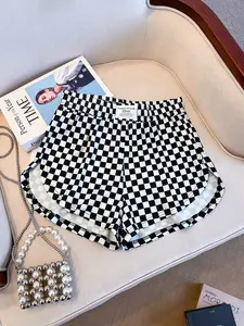 Black & White Checkerboard High Waist Shorts Women Casual Loose Elastic Waist Sports Shorts Summer Beach Loungewear