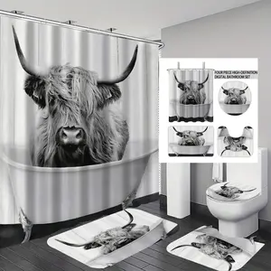 1/4 PCS Black & White Highland Cow Bathroom Set, 71×71" Waterproof Shower Curtain Sets with 12 Hooks, Non-Slip U-Shaped & Rectangular Floor Mats, Toilet Lid Accessory, Modern Farmhouse Bathroom Decor, Bathroom Decorations