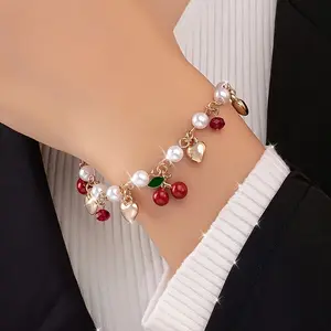 1pc Women's Alloy Enamel Cherry & Heart Charm Bracelet with Faux, Golden-Tone Electroplated Cute Charm Jewelry for Daily Wear & Party Accessories, Jewelry Charms, Fashion Jewelry, Stylish Accessory, , Bracelet, Jewelry,Charm Accessory, Jewelry Collectors