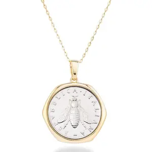 Italian 18K Gold over 925 Sterling Silver Genuine 2-Lira Bee Coin Medallion Pendant Necklace for Women 18 Inch Chain, Made in Italy