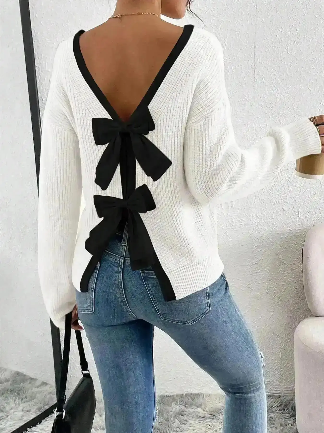 Women's Colorblock Bow Back Sweater, Casual Long Sleeve Crew Neck Jumper for Summer, Fashion Knitwear Daily Wear, Cozy, Versatile, Comfort, Style, Outfit, Essential, Trendy, Chic, Elegant, Classy, Modern