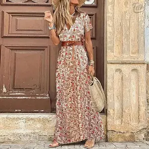 Bohemian V-Neck Flowy Dress with Artistic Floral Print - Elegance Beach & Daily Outings