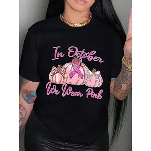 Women's Breast Cancer Awareness T-Shirt Wear Pink October Sporty Casual Crew Neck Cotton Fabric Medium Stretch Spring Summer Print Plus Size Clothing Fit Tops Sleeve Black Shortsleeve Regular Fit Day Streetwear Womenswear Tshirt Crewneck