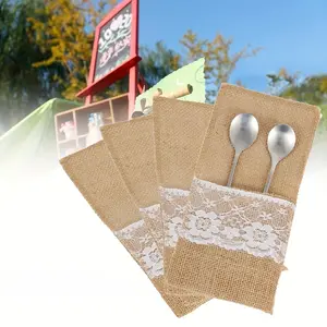 50pcs Vintage Rustic Burlap Utensil Holders - Natural Linen Tableware Pouch Bags with Lace Edges, Elegant Wedding, Bridal Party, Restaurant Decorations - Durable & Stylish