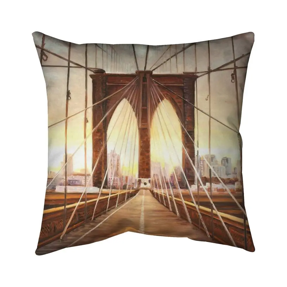 360 Stand 16x16 in. Hyperrealistic Print Sunset on Brooklyn Bridge Pillow - Brown, Polyester Fill, City Scene Home Decor, 5541-1616-CI346 Soft Furnishing Bedding Accent, Custom-Printed Standard Pillows, Art, Gift, Cozy Reading Nook
