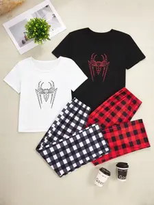Spider Print Graphic Pajama Set | Red Black Plaid Loungewear | Soft Material Sleepwear | Comfy Homewear for Relaxing Nights | Trendy Matching PJs Outfit | Cozy Loungewear for Daily Lounging | Stylish Nightwear Set for Home Comfort | Popular TikTok