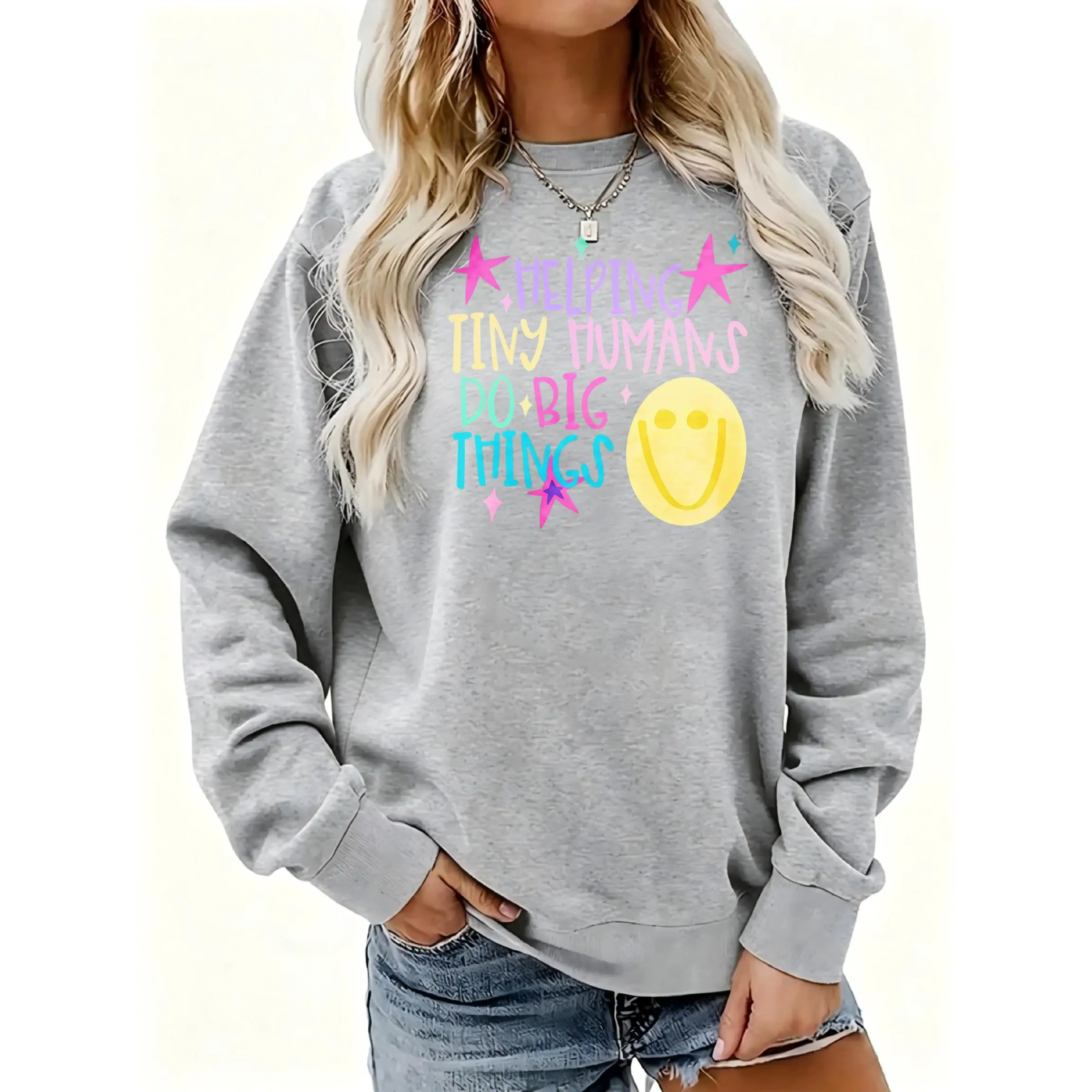 Women's Helping Tiny Humans Do Big Things Crewneck Sweatshirt | Soft Stretchy Long Sleeve Pullover | Cozy Fall Layering Essential For Casual Daily, Office & Streetwear Looks