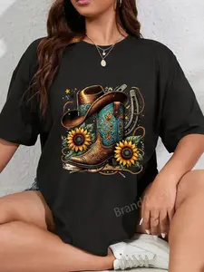 100% Cotton Unisex Western Cowboy Boot Horseshoe Sunflower Rope Cowgirl Boot T-Shirt, Small, Black