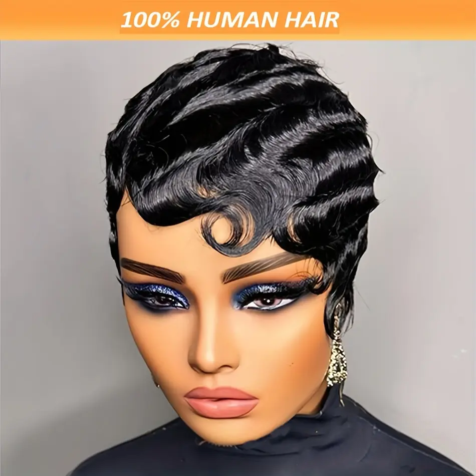 Women's 4 inch Short Wavy Black Human Hair Full Machine Wig - 150% Density, Glueless Rose Net Cap, Curved Waves, Basic Style, for Cosplay, Music Festival