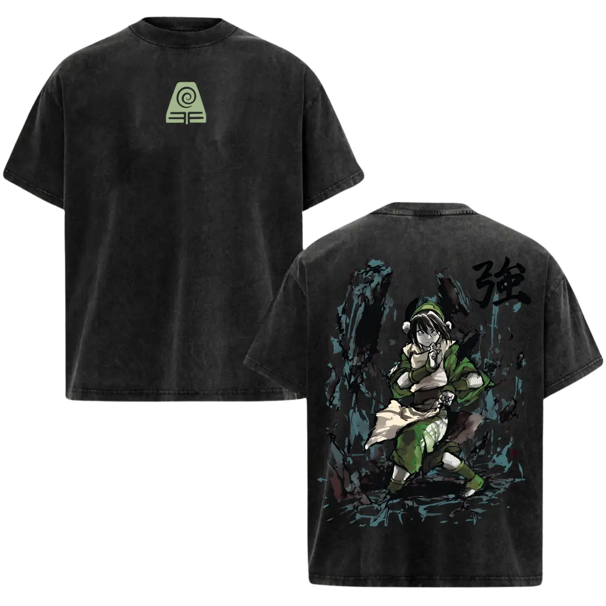 Avatar The Last Airbender Toph Vintage Washed Black Oversized Graphic T Shirt Unisex | Anime Y2K Streetwear Tee Heavy Cotton Harajuku Grunge Aesthetic Loose Fit Cartoon Graphic Casual Fashion Gift for Men Women