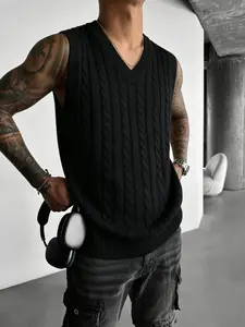 Men's Knitted Home Wear Vest, Street Style Crochet Top, Soft Comfortable Fabric, Loose Fit, Casual Sleeveless Knitwear Solid Pattern, All Seasons