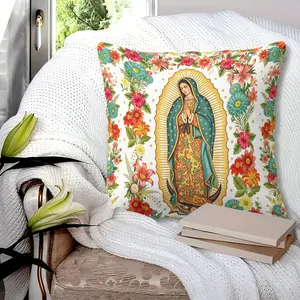 Our Lady of Guadalupe Throw Pillow with Insert, Virgin Mary & Colorful Floral Print Cushion, Religious Decorative Pillow for Living Room, Bedroom, Church, Catholic Home Decor, 45cm Square Zipper Closure, Spiritual Gift Choice