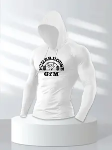 Men's Letter Weightlifting Fashion Print Sports T-Shirt, Hooded Long Sleeve Fitted Polyester, Breathable for Gym Running Training Cycling, Athletic Apparel