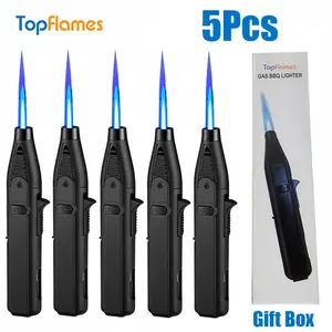 5pcs Outdoor Windproof Butane Gas Lighter, 1300° Torch Lighter, Portable Butane Gas Refill Lighter, Blue Flame Lighter with Safety Lock, Gift Box Packing, Suitable for Candles, BBQ, Fireplace Wall, Camping Gift (Butane Gas Not Included), Without Battery