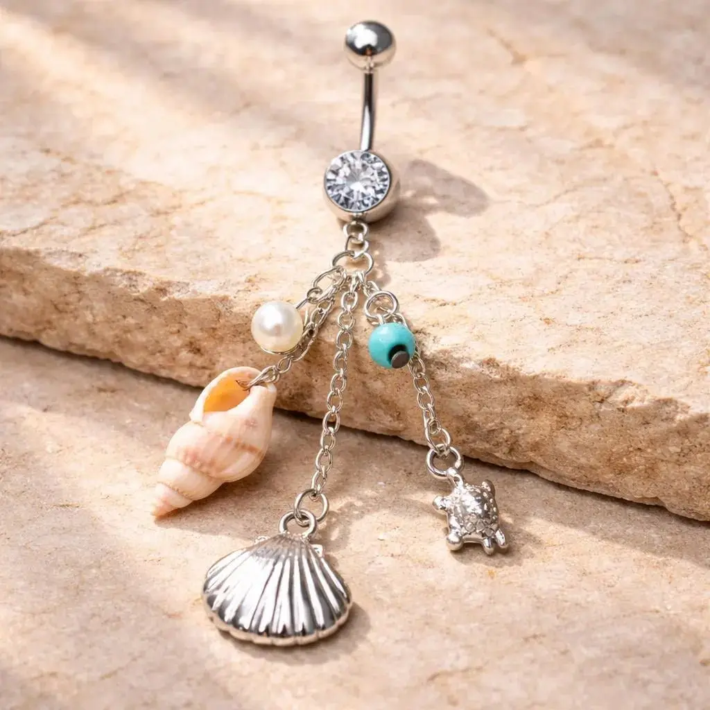 Beach Charm Belly Button Ring 14G Dangle Navel Ring Shell Turtle 316L Surgical Steel