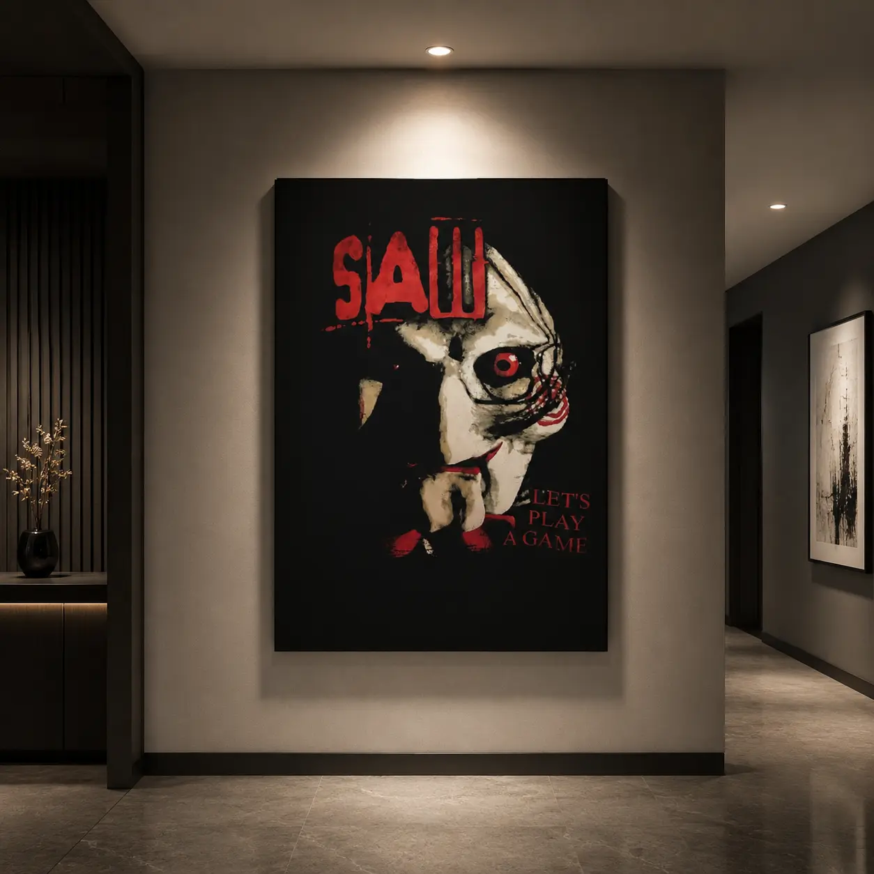 Creepy Puppet Horror Poster, Dark Red and Black Wall Art, Spooky Gothic Bedroom Decor for Halloween Room, Hallway or Game Space