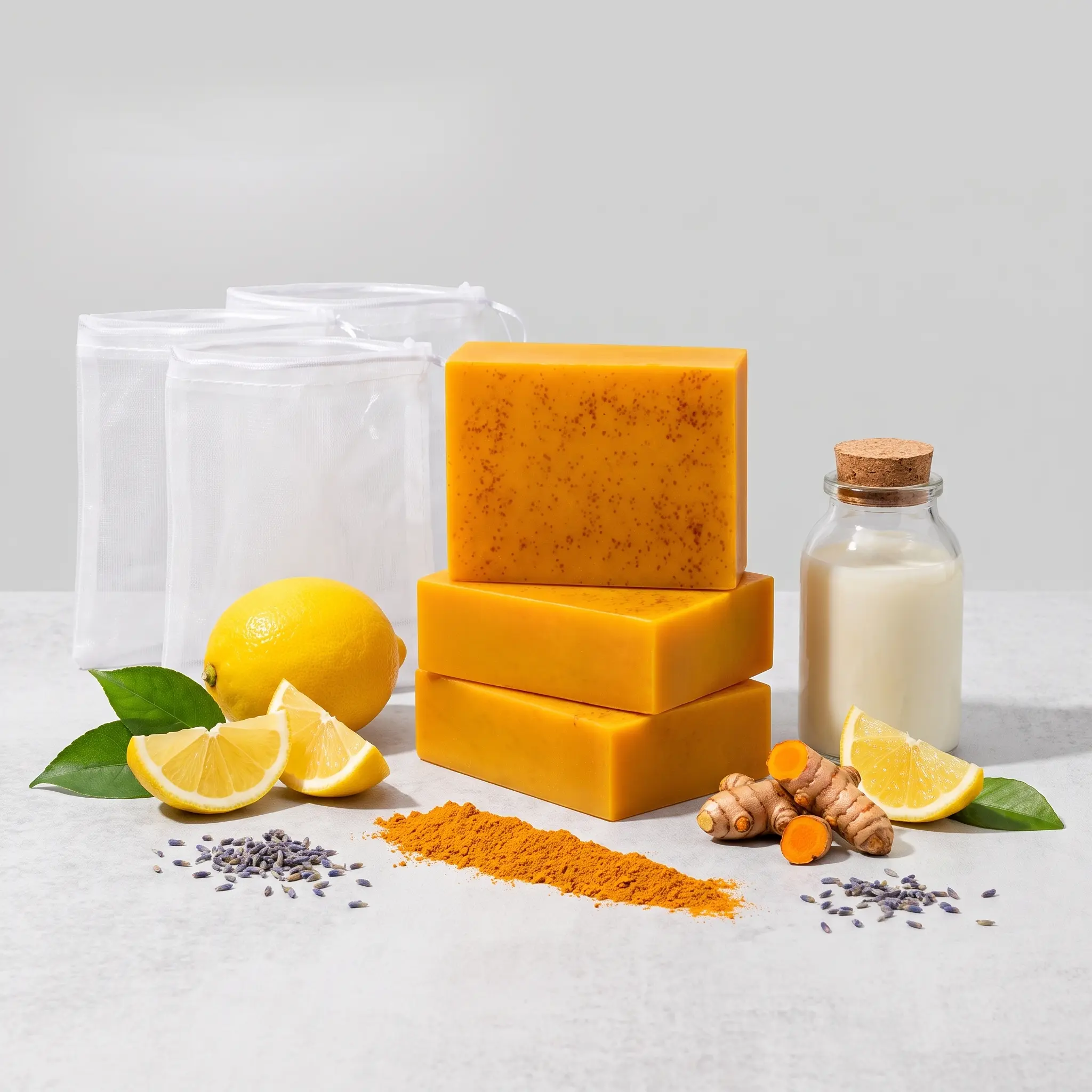 3PCS Lemon Turmeric KojicAcid Soap, Natural Organic Turmeric Face and Body Wash Soap Bar, Firm Pores, Even Out Skin Tone,Lemon Turmeric Glowing Skin Care Soap, Deep Clean