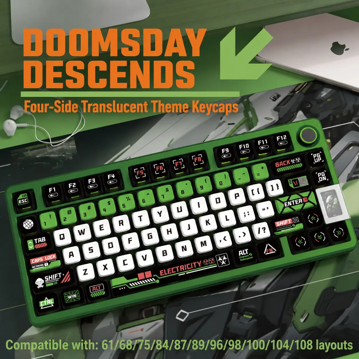 Doomsday Descends Four-Side Translucent Pudding Keycaps, OEM Profile, PBT Material, Dye-Sublimation, Fits Mechanical Keyboards, Keycaps Only, Keyboard Accessory