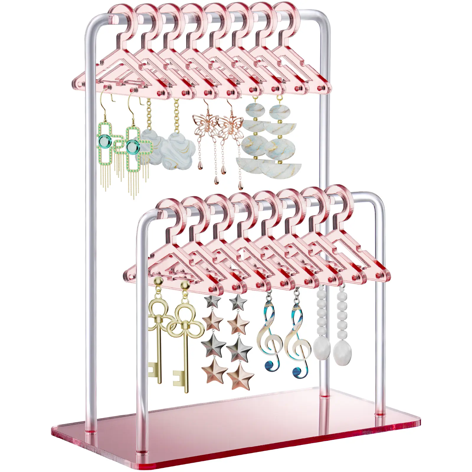 NiHome Modern Mirror-Finish Acrylic Earring Holder - Double-Tiered, 48-Pair Capacity, Earring Display, Vanity Table Organizer with Double-Rod Clothing Rack for Home Decor