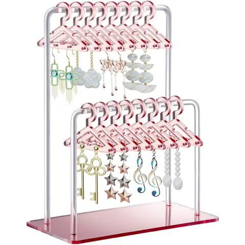 NiHome Mirror-Shine Acrylic Earring Holder - Double-Tiered, 48-Pair Ample Storage Capacity, Vanity Table Organizer with Double Rod Clothing Rack, 16 Mini Hangers, Hook and Loop, 5.9"d x 6.9"w x 3.15"h Durable Display for Home Vanity, Bathroom Use