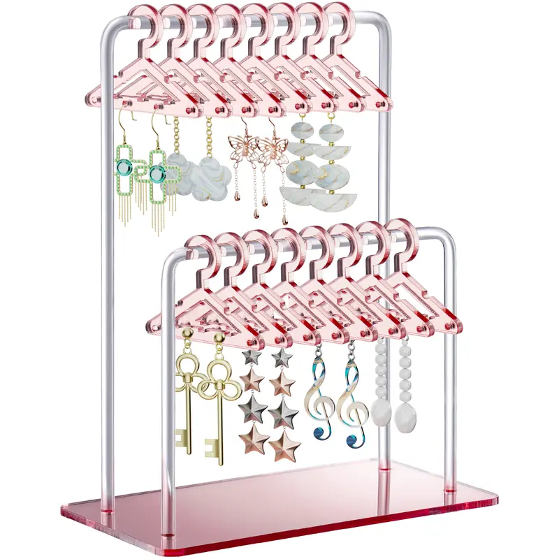 NiHome Mirror-Shine Acrylic Earring Holder - Double-Tiered, 48-Pair Ample Storage Capacity, Vanity Table Organizer with Double Rod Clothing Rack, 16 Mini Hangers, Hook and Loop, 5.9"d x 6.9"w x 3.15"h Durable Display for Home Vanity, Bathroom Use
