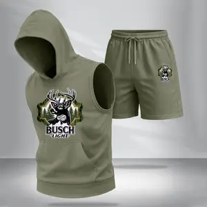 Men’s Sleeveless Hoodie & Shorts Set – “Hunting Beer” Graphic, Summer Two-Piece Activewear, Casual Streetwear, Regular Fit Gym & Sport Fashion, Lightweight Men’s Outfit